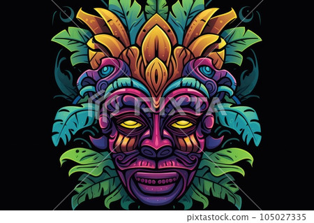 Illustration of a tropical Tiki mask. Symbol of a wild tribe in the jungle. Generative AI 105027335