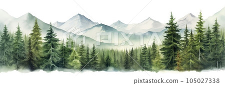 Watercolor painting of beautiful mountains, mountain peak landscape with forest. Panorama banner. Generative AI 105027338