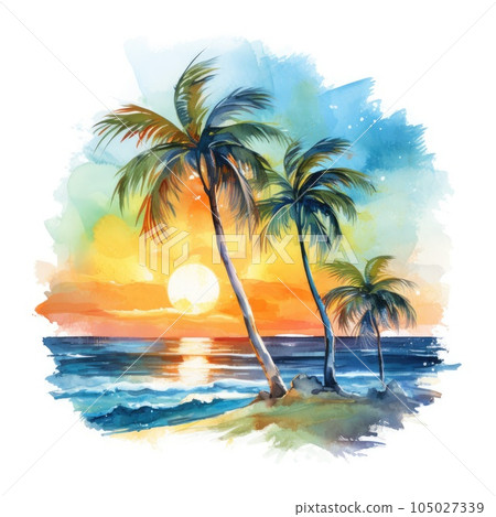 Watercolor painting of palm trees, palm tree on the beach with sea. Generative AI 105027339