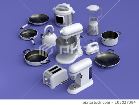 Kitchen appliances and utensils for making breakfast on violet background 105027394