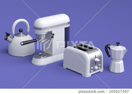 Kitchen appliances and utensils for making breakfast on violet background Kitchen appliances and utensils for making breakfast on violet background 105027397