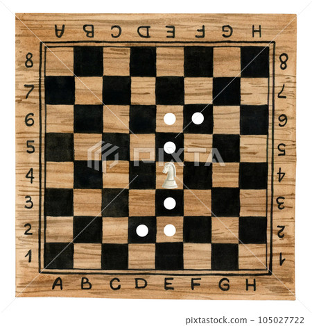 White knight chess piece movement scheme on wooden board watercolor illustration isolated on white background. Hand drawn brown and black desk with for Chess clubs and manuals White knight chess piece movement scheme on wooden board watercolor illustration isolated on white background. Hand drawn brown and black desk with for Chess clubs and manuals 105027722