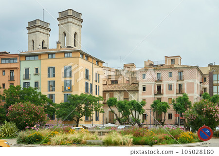 View of old town Girona, Catalonia, Spain, Europe. Summer travel. 105028180