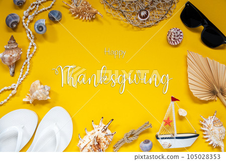 Yellow Summer Flat Lay With Accessories, Text Happy Thanksgiving Yellow Summer Flat Lay With Accessories, Text Happy Thanksgiving 105028353
