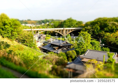 Miniature diorama-style photo Kamiyato Ohashi Bridge and a private house with a tiled roof in the valley Miniature diorama-style photo Kamiyato Ohashi Bridge and a private house with a tiled roof in the valley 105028575