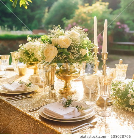 Holiday tablescape, golden formal dinner table setting, table scape with gold decoration for wedding party and event celebration, generative ai Holiday tablescape, golden formal dinner table setting, table scape with gold decoration for wedding party and event celebration, generative ai 105028766