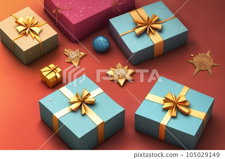 Gift or present box and flower gypsophila on table top view. Greeting card. Flat lay style with copy 105029149