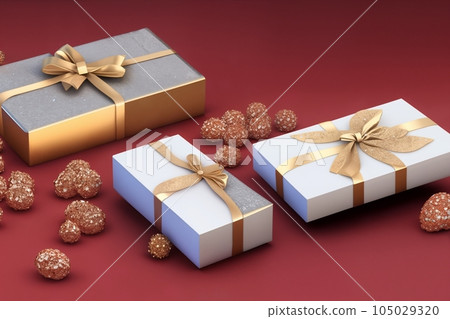 Gift or present box and flower gypsophila on table top view. Greeting card. Flat lay style with copy Gift or present box and flower gypsophila on table top view. Greeting card. Flat lay style with copy 105029320