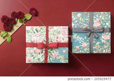 Gift or present box and flower gypsophila on table top view. Greeting card. Flat lay style with copy Gift or present box and flower gypsophila on table top view. Greeting card. Flat lay style with copy 105029477