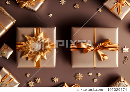 Gift or present box and flower gypsophila on table top view. Greeting card. Flat lay style with copy Gift or present box and flower gypsophila on table top view. Greeting card. Flat lay style with copy 105029574