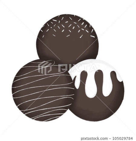 Set of drawings of chocolate desserts, including donuts, cookies, cakes, cupcakes, choco balls, choco bars. 105029784