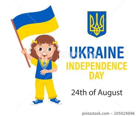 Ukraine's Independence Day. Cute little girl with the flag of Ukraine. Cartoon illustration, banner, poster, vector 105029896