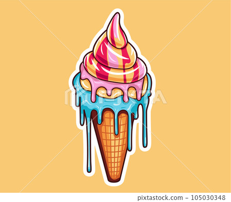 Sweet ice cream melting balls in the waffle cone isolated on background. Vector flat outline icon, label, sticker. Comic character in cartoon style illustration. 105030348