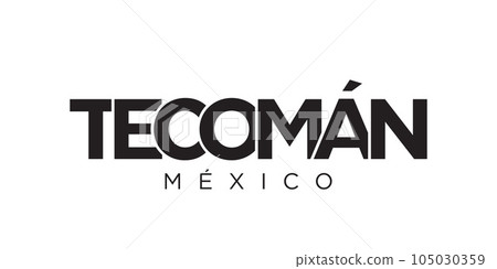 Tecoman in the Mexico emblem. The design features a geometric style, vector illustration with bold typography in a modern font. The graphic slogan lettering. 105030359
