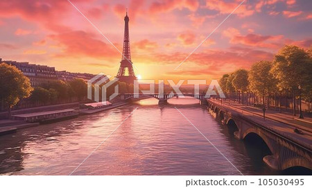 Eiffel Tower and bridge at sunset Eiffel Tower and bridge at sunset 105030495