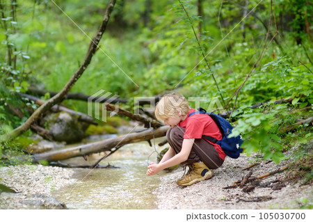 Preteen boy in red shirt is exploring nature and playing with water in brook during hiking in mountains valley. Active leisure for energetic children. Summer outdoor recreation for kids 105030700