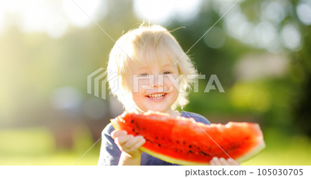 Cute caucasian little boy with blond hairs eating fresh watermelon outdoors 105030705
