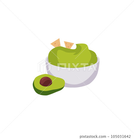 Guacamole with nachos and avocado, Mexican traditional food, Latin American national green sauce vector illustration 105031642