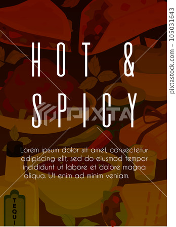 Traditional mexican food, vector poster with cartoon Hot and spicy Mexican, Latin American cuisine design for menu cover Traditional mexican food, vector poster with cartoon Hot and spicy Mexican, Latin American cuisine design for menu cover 105031643