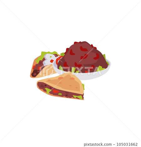 Beans, taco and quesadilla flat style, vector illustration Beans, taco and quesadilla flat style, vector illustration 105031662