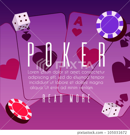 Vector poster on a casino theme with poker symbols and gambling, cards aces, chips, tokens and dices on purple gradient 105031672