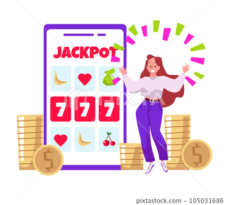 Happy young woman standing near huge mobile phone with jackpot on screen flat style 105031686