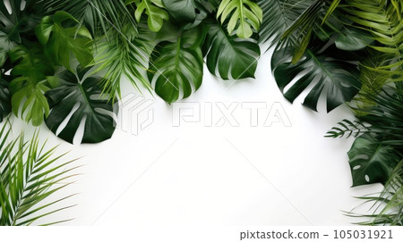 Background of tropical green leaves. Banner layout for a text field. the concept of recreation and travel. Background with tropical green leaves of monstera.. generative ai Background of tropical green leaves. Banner layout for a text field. the concept of recreation and travel. Background with tropical green leaves of monstera.. generative ai 105031921