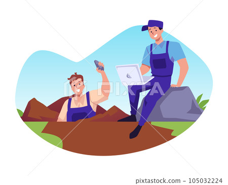 Geologists conduct exploration for useful minerals, flat vector isolated. 105032224