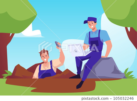 Geologists in expedition carry out reconnaissance work, flat vector illustration. Geologists in expedition carry out reconnaissance work, flat vector illustration. 105032246