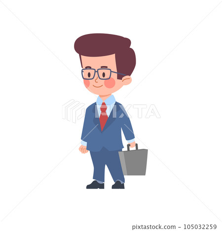 Cute boy dressed as businessman with briefcase, cartoon flat vector illustration isolated on white background. Cute boy dressed as businessman with briefcase, cartoon flat vector illustration isolated on white background. 105032259