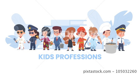 Children characters of different professions flat vector illustration isolated. Children characters of different professions flat vector illustration isolated. 105032260
