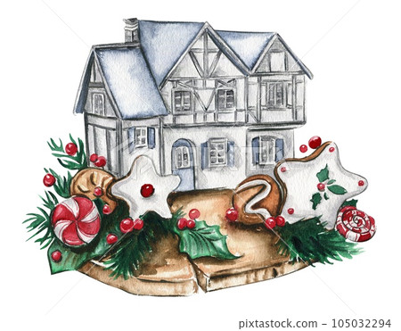Christmas gingerbread house . Watercolor hand drawn illustration for invitations, greeting cards, prints, packaging and more. Merry christmas and happy new year. Christmas gingerbread house . Watercolor hand drawn illustration for invitations, greeting cards, prints, packaging and more. Merry christmas and happy new year. 105032294