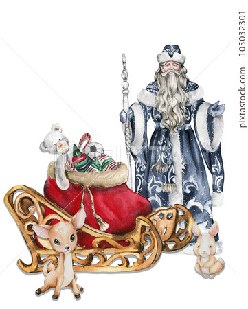 Watercolor illustration of Santa Claus with Christmas stick in blue coat with white ornament and baby animals.Merry christmas and happy new year. 105032301