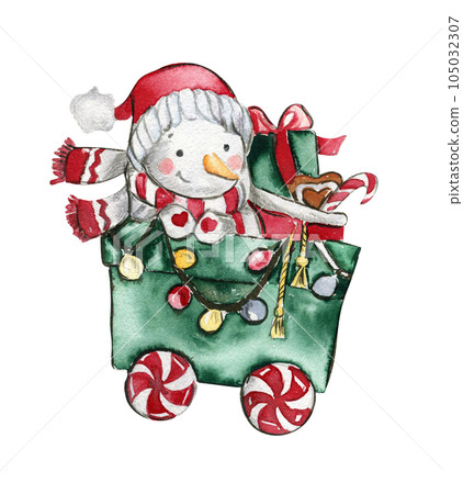 Christmas wagon with gifts . Watercolor hand drawn illustration for invitations, greeting cards, prints, packaging and more. Merry christmas and happy new year. Christmas wagon with gifts . Watercolor hand drawn illustration for invitations, greeting cards, prints, packaging and more. Merry christmas and happy new year. 105032307