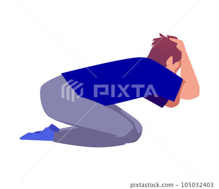 Vector flat illustration of man is sitting on the floor holding head, stress as a result of large loss from disasters Vector flat illustration of man is sitting on the floor holding head, stress as a result of large loss from disasters 105032403