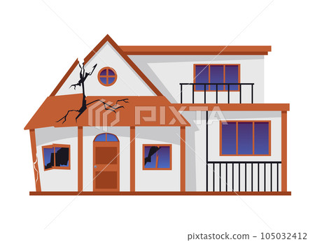 Exterior of house with broken windows and roof cracks flat style Exterior of house with broken windows and roof cracks flat style 105032412
