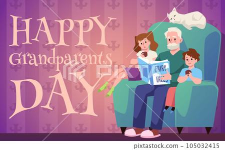 Vector postcard for happy grandparents day, grandfather reads fairy tale to granddaughter, grandson sitting on armchair 105032415