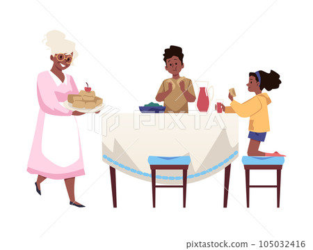 Happy grandmother with bakery, children are treated to grandma's pastries, cartoon happy family vector illustration Happy grandmother with bakery, children are treated to grandma's pastries, cartoon happy family vector illustration 105032416