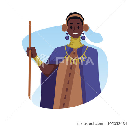 African tribal woman with long beads around her neck, long dress and cape, with traditional jewelry, stick, vector isolated illustration 105032484