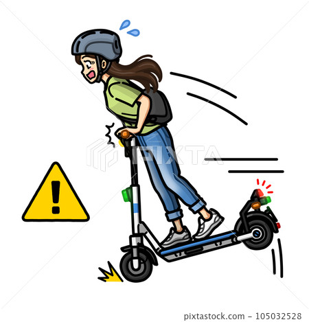 Illustration of a woman leaning forward with sudden braking on an electric kickboard (with helmet) 105032528