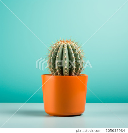 A green cactus with thorns grows in a ceramic pot. Minimalism. A bright banner. 105032984
