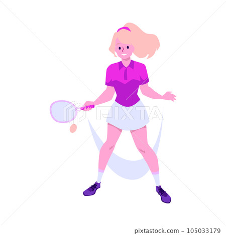 Smiling young girl tennis player makes racket move flat style, vector illustration 105033179