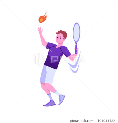 Tennis player with racket makes pitch of ball, flat vector illustration isolated. Tennis player with racket makes pitch of ball, flat vector illustration isolated. 105033182