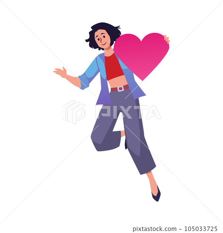 Happy woman flying with heart in hand, cartoon flat vector illustration isolated on white background. Happy woman flying with heart in hand, cartoon flat vector illustration isolated on white background. 105033725