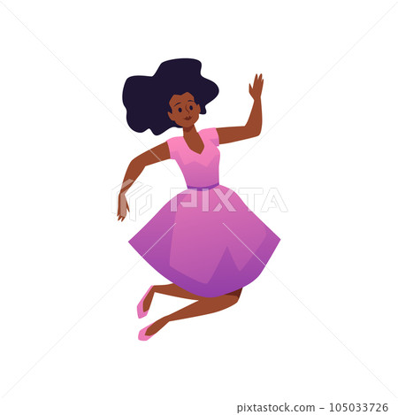 Happy woman in dress flying or jumping, cartoon flat vector illustration isolated on white background. Happy woman in dress flying or jumping, cartoon flat vector illustration isolated on white background. 105033726