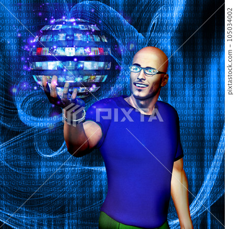 Man looks at many image sphere with binary code 105034002