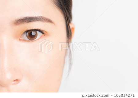 Close up of beauty asian woman eye on white background. Eyes health care concept. Close up of beauty asian woman eye on white background. Eyes health care concept. 105034271