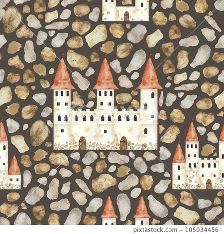 Medieval seamless pattern with castle. Fantasy ornament for print, fabric, paper, cover, web. Castle background, sand castle patterns, watercolor summer, summer background 105034456