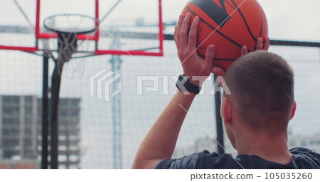 Back view of man player throwing ball in a basketball hoop. Successfully throws ball into the basket ring. Sport lifestyle. Back view of man player throwing ball in a basketball hoop. Successfully throws ball into the basket ring. Sport lifestyle. 105035260