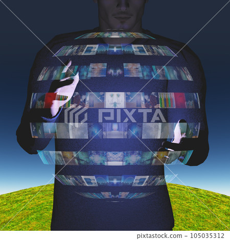 Man intereacts with video sphere 105035312